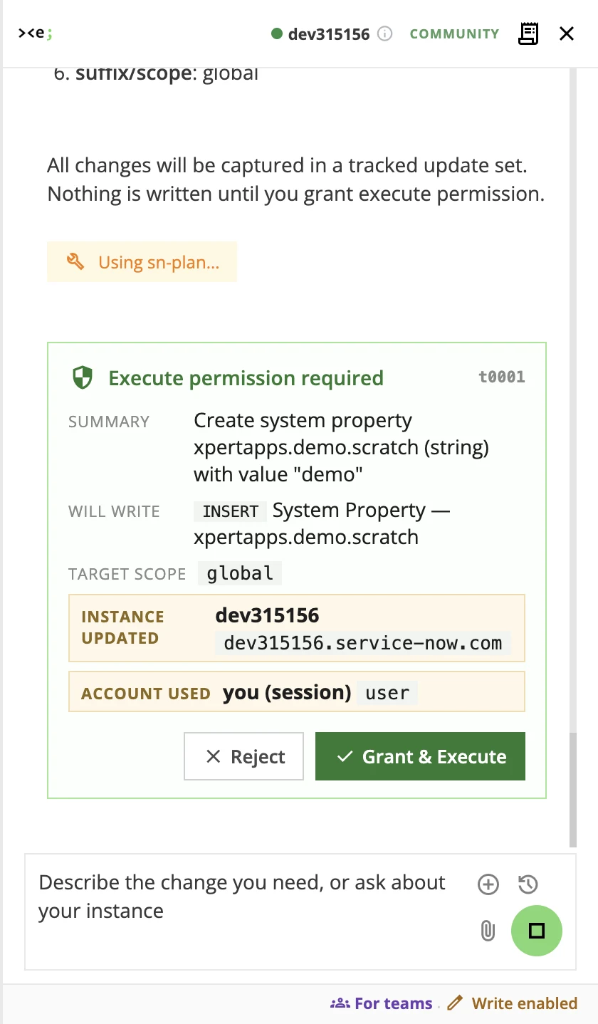 The XpertApps Engineer panel showing a plan awaiting approval before it changes a ServiceNow instance
