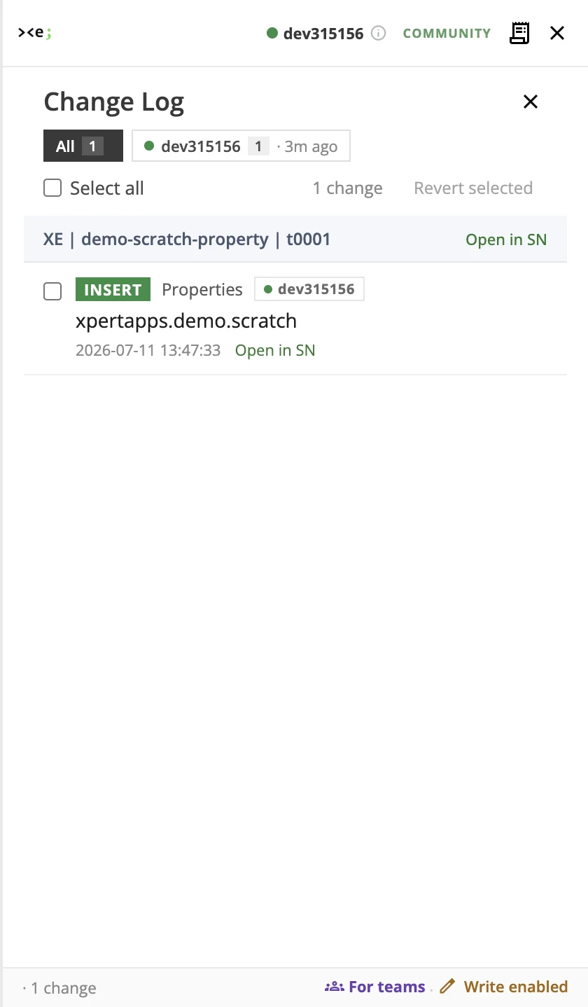 The XpertApps Engineer change log showing a reverted and restored ServiceNow change for central audit