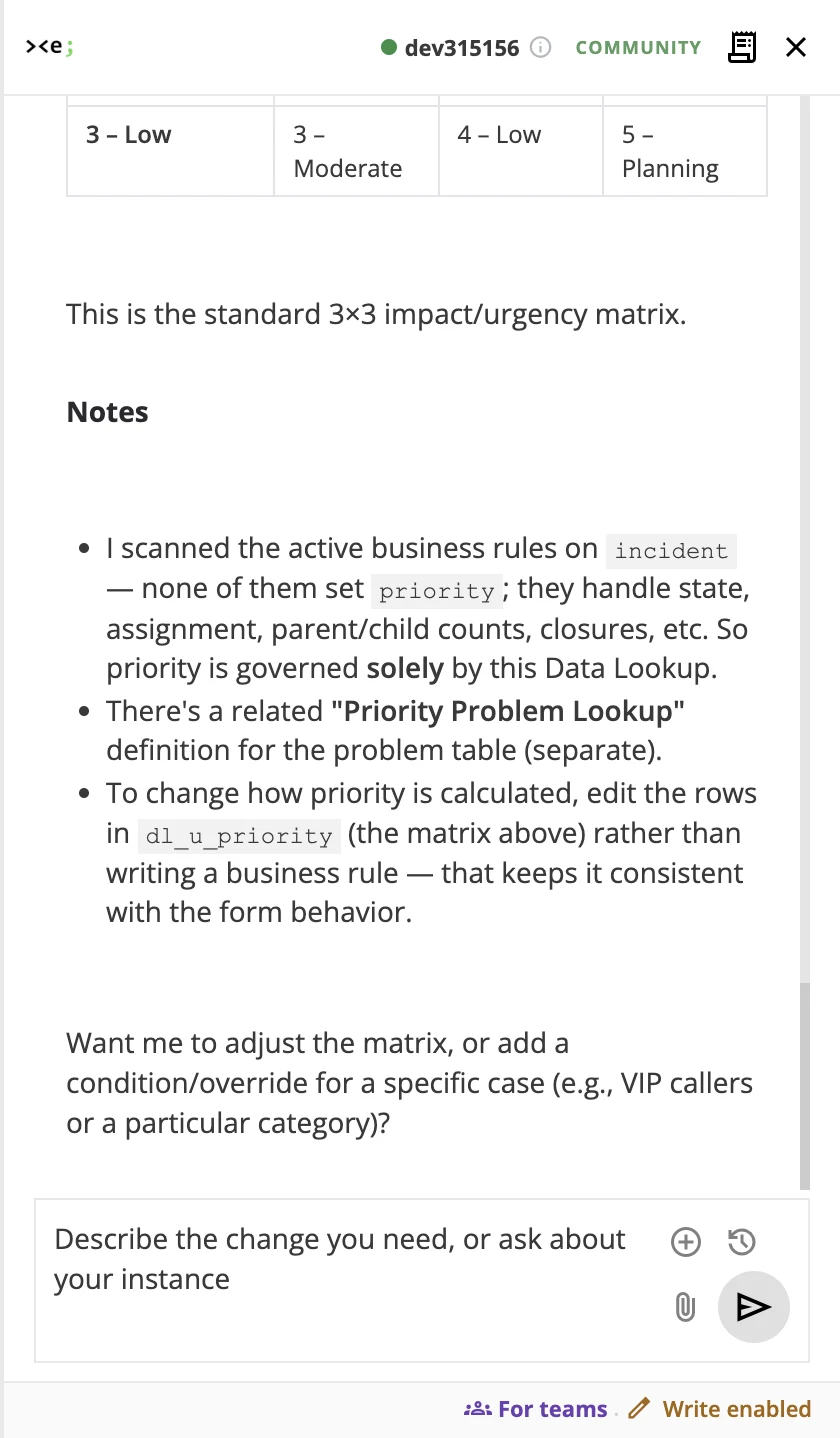 The XpertApps Engineer panel explaining how a ServiceNow instance's priority logic works