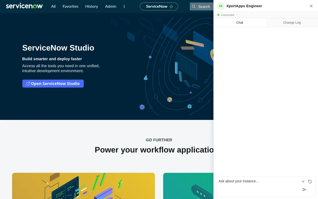 XpertApps Engineer chat panel open on a ServiceNow page