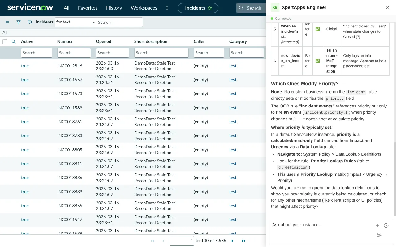 XpertApps Engineer tracing business rules and scripts across a ServiceNow instance