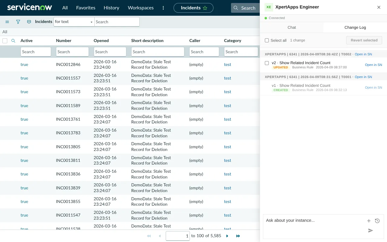 The XpertApps Engineer change log showing version-tracked modifications